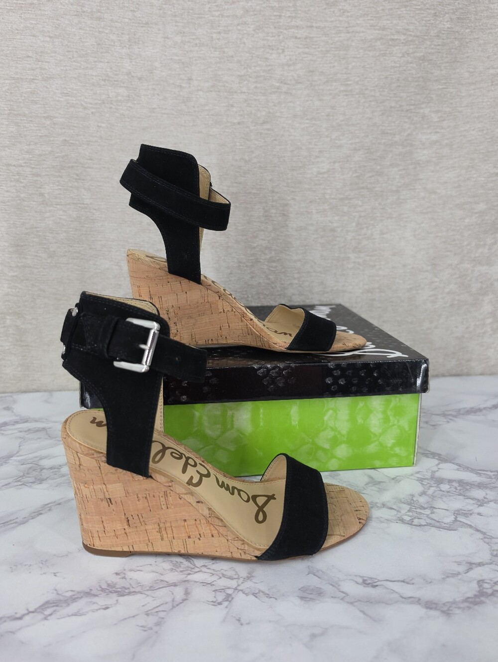Sam Edelman Willow Black Suede Cork Wedge Sandals